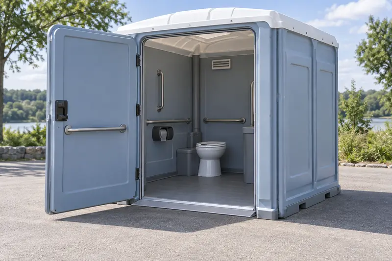 Wide-entry portable restroom cabin