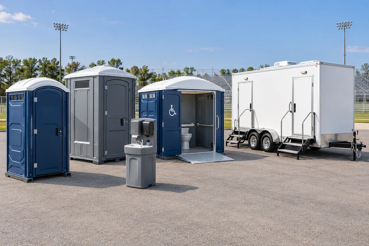 Illustrative sportsground lineup of portable toilets, an open wider cabin, handwashing and a white restroom trailer