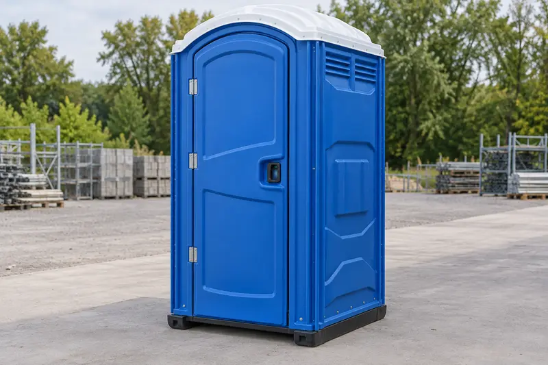Blue self-contained portable toilet