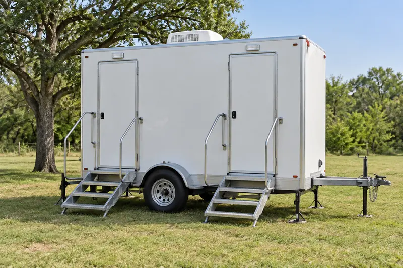 Temporary restroom trailer with steps