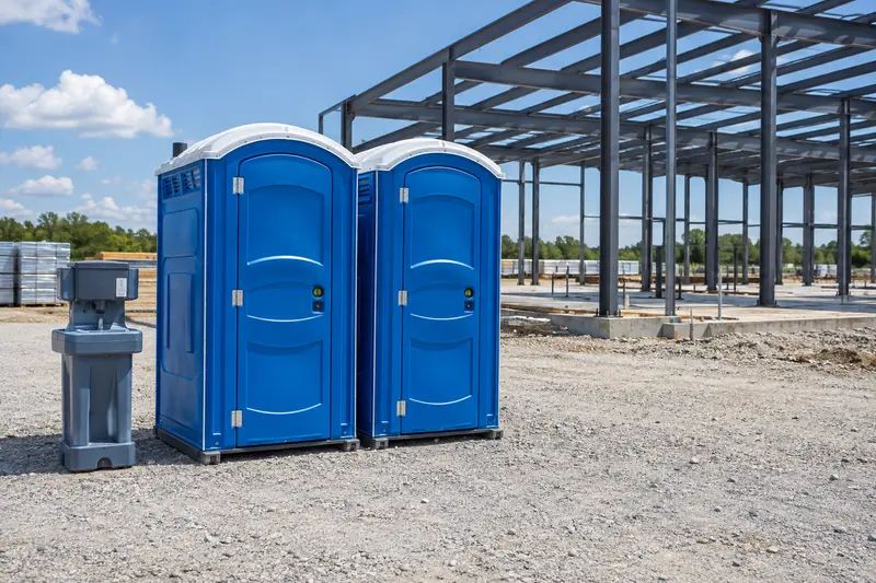 Temporary restroom cabins beside building work